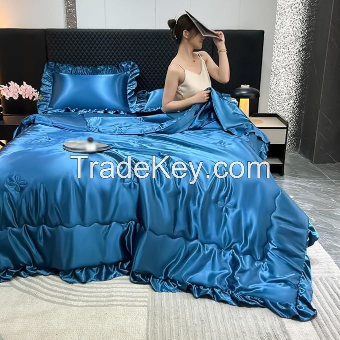 Blue Rose Red Silk Like Satin Bedding Set Queen Duvet Cover Set Luxury Soft Comforter Cover Bedroom Decor Chic Luxurious Silky Bedspread Cover Zipper 
