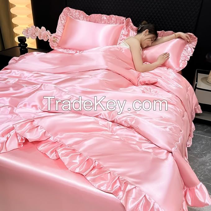 Blue Rose Red Silk Like Satin Bedding Set Queen Duvet Cover Set Luxury Soft Comforter Cover Bedroom Decor Chic Luxurious Silky Bedspread Cover Zipper 