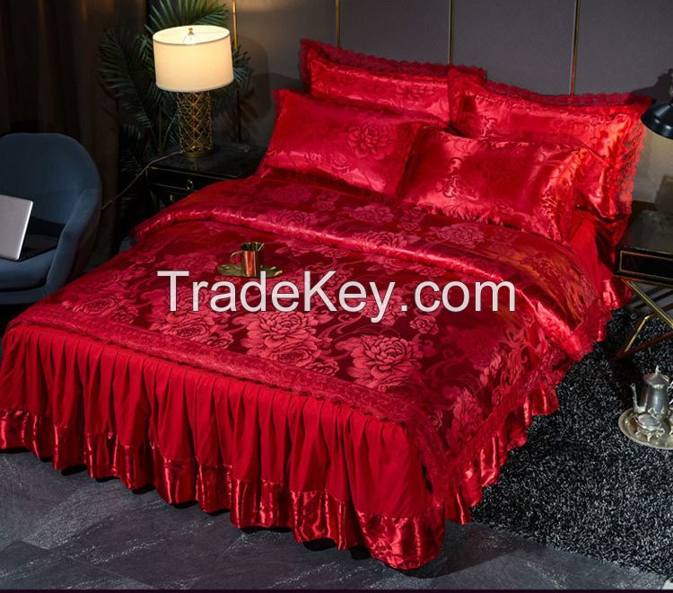 Wholesale 4pcs Princess Style Silk Feeling Bed Skirt Duvet Cover Set for Girls