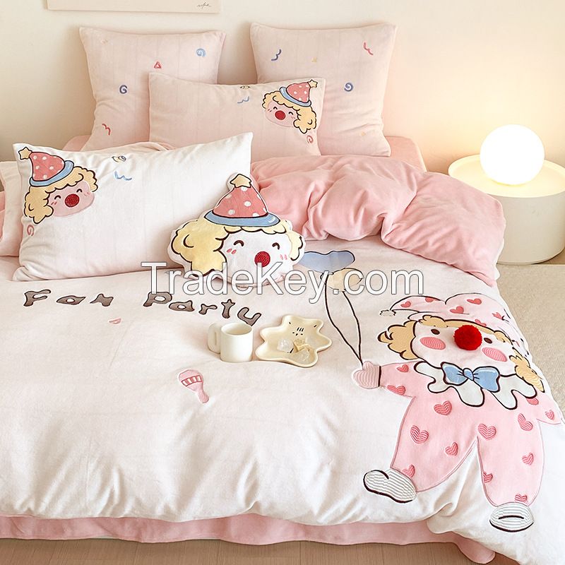 Three-Dimensional Flower Winter New Thickened Carved Milk Velvet Princess Styleduvet Cover Velvet Warm Bedding Send a pillow same