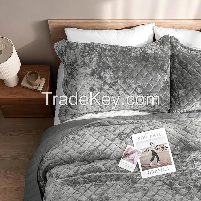 Velvet Quilt Set, 3 Pieces Blackish Green Queen, Distressed Velvet Face and Brushed Microfiber Reverse with Diamond Quilting