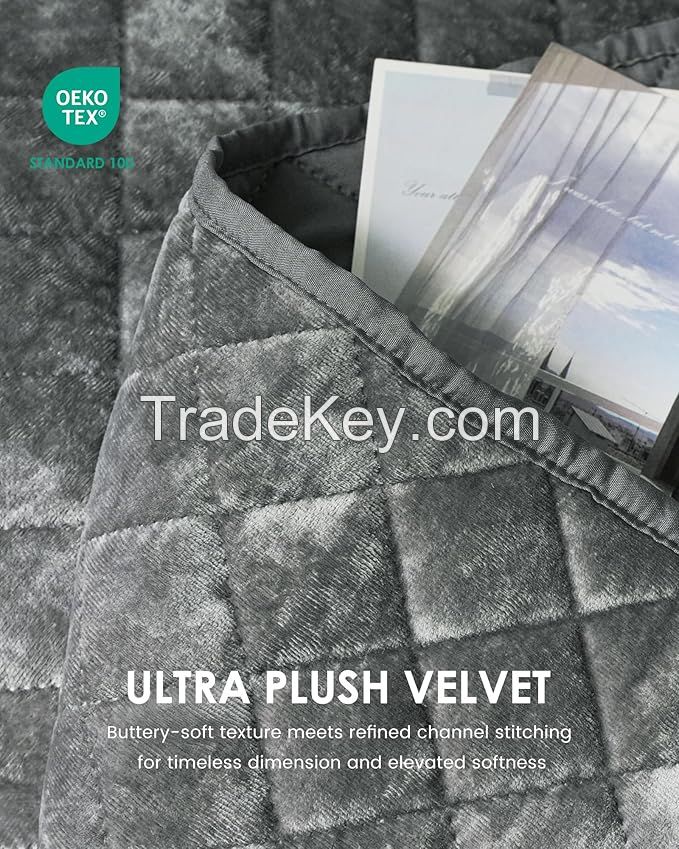 Velvet Quilt Set, 3 Pieces Blackish Green Queen, Distressed Velvet Face and Brushed Microfiber Reverse with Diamond Quilting