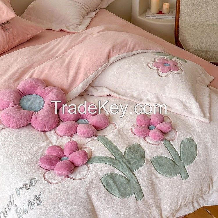 Three-Dimensional Flower Winter New Thickened Carved Milk Velvet Princess Styleduvet Cover Velvet Warm Bedding Send a pillow same