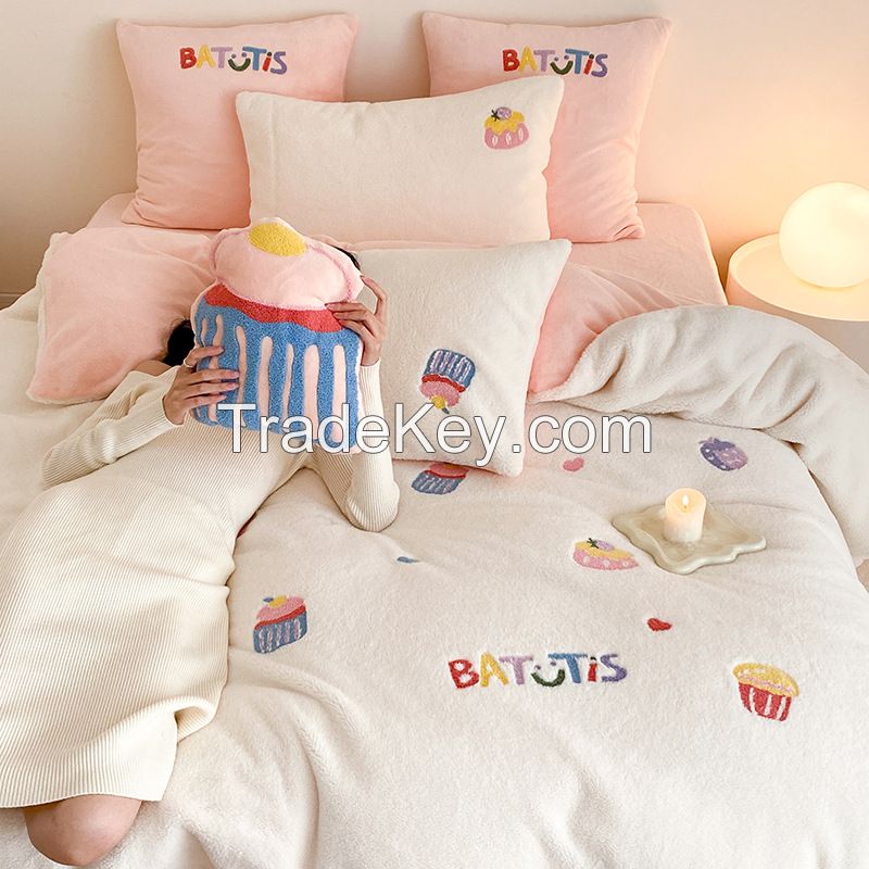 Three-Dimensional Flower Winter New Thickened Carved Milk Velvet Princess Styleduvet Cover Velvet Warm Bedding Send a pillow same