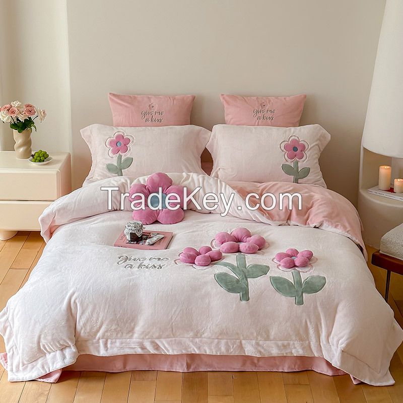 Three-Dimensional Flower Winter New Thickened Carved Milk Velvet Princess Styleduvet Cover Velvet Warm Bedding Send a pillow same
