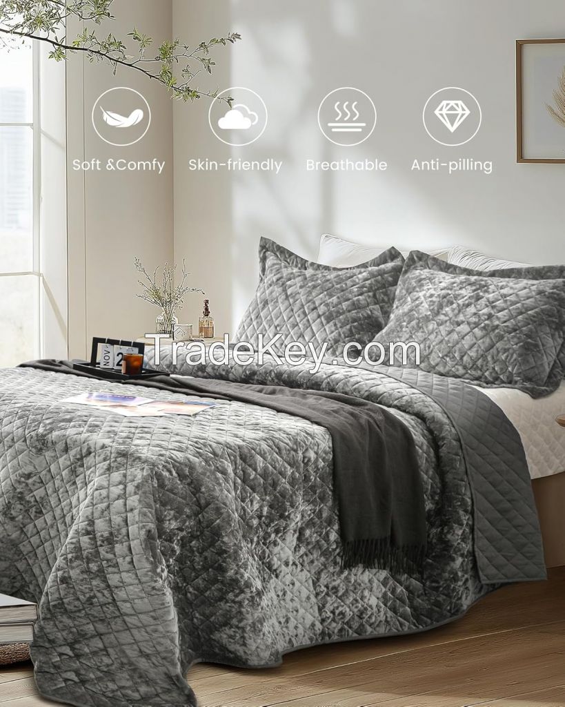 Velvet Quilt Set, 3 Pieces Blackish Green Queen, Distressed Velvet Face and Brushed Microfiber Reverse with Diamond Quilting