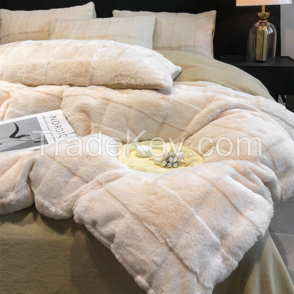 Fluffy Faux Rabbit Fur Duvet Cover Set Thickened Warm Milk-Fleece Bed Sheets And Duvet Covers Shaggy Plush Fuzzy Bedding Set