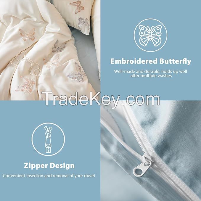Pink Tencel Lyocell Duvet Cover King Size Set, 4 Pieces Soft Breathable Bedding Set - 1 Embroidered Butterfly Duvet Cover