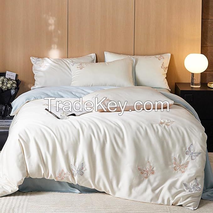 Pink Tencel Lyocell Duvet Cover King Size Set, 4 Pieces Soft Breathable Bedding Set - 1 Embroidered Butterfly Duvet Cover