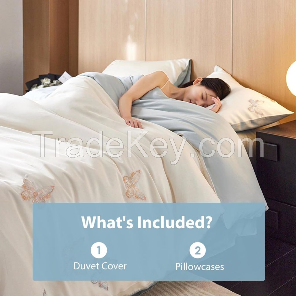 Pink Tencel Lyocell Duvet Cover King Size Set, 4 Pieces Soft Breathable Bedding Set - 1 Embroidered Butterfly Duvet Cover