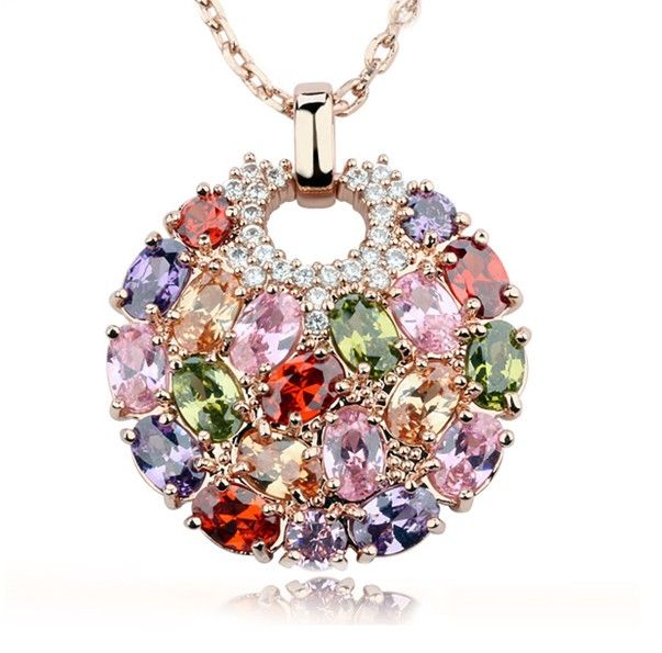 Vintage Style Multicolor 18k Gold Plated Swiss CZ Zincon Round Pendant Necklace