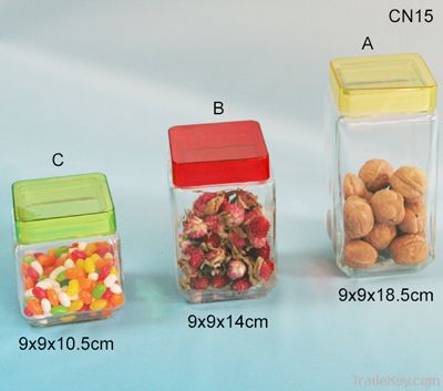 clear square glass candy container with plastic lid CN15