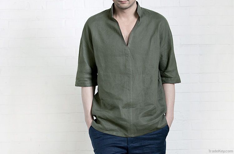 2011 man&#039;s latest V-neck linen army green casual shirt