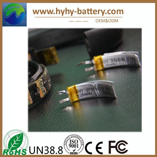 Curved battery, curved lithium battery 3.7v 36mah rechargeable for iwatch, bracelet watch