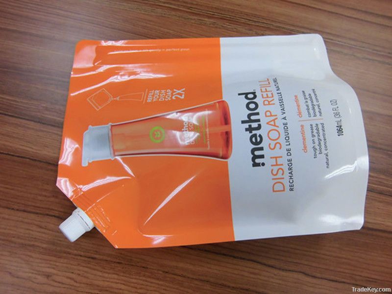 Plastic laundry detergent bag with spout