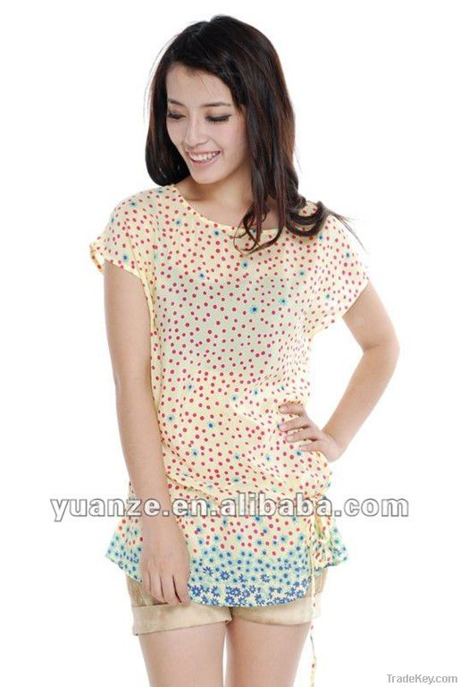 2012short sleeve scoop neckline polka dot print blouse