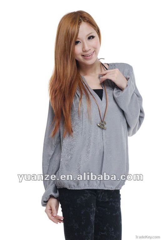 2012long sleeve V-neck pin tuck elastic at hem blouse