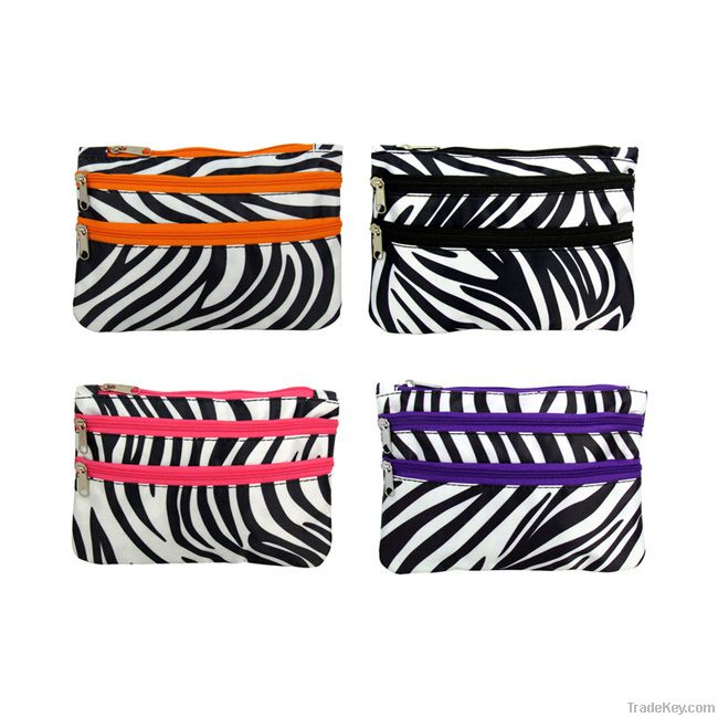 Zebra dual zipper satin cosmetic travel pouch