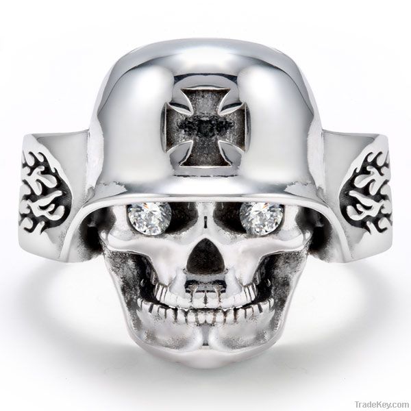 Cool Stainless Steel Gold-Plated Iron Cross German Helmet Skull Ring