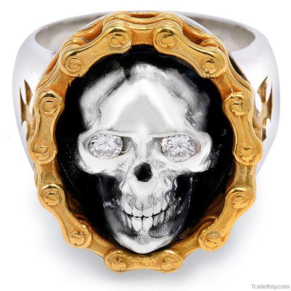 Cool Stainless Steel Gold-Plated Iron Cross German Helmet Skull Ring