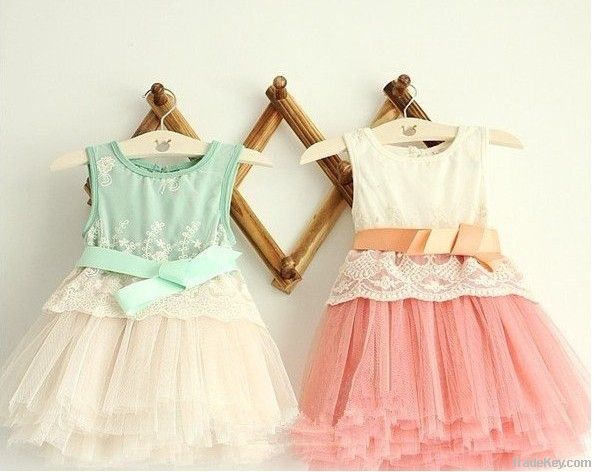 Girls Embroidered Lace 6 layer gauze bow vest dresses girl sets