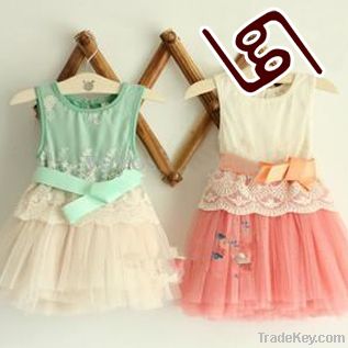 Girls Embroidered Lace 6 layer gauze bow vest dresses girl sets