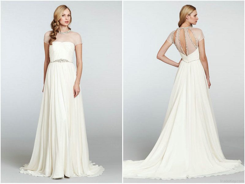 2013 new fashion beading open back chiffon short sleeve wedding gowns