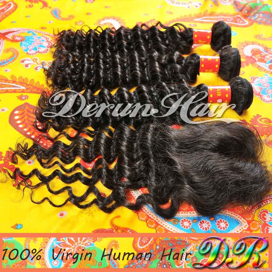 3Bundles Deep wave Virgin Human Hair Weft with Lace Closure