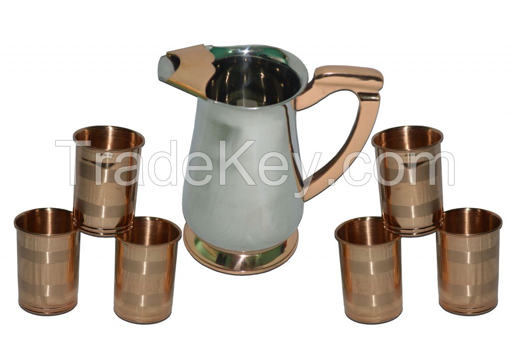   Raghav India 100% Genuine Stainless steel Jug 1.6 Litre Capacity + 6 Copper Stylish Finish Glasses Combo Set