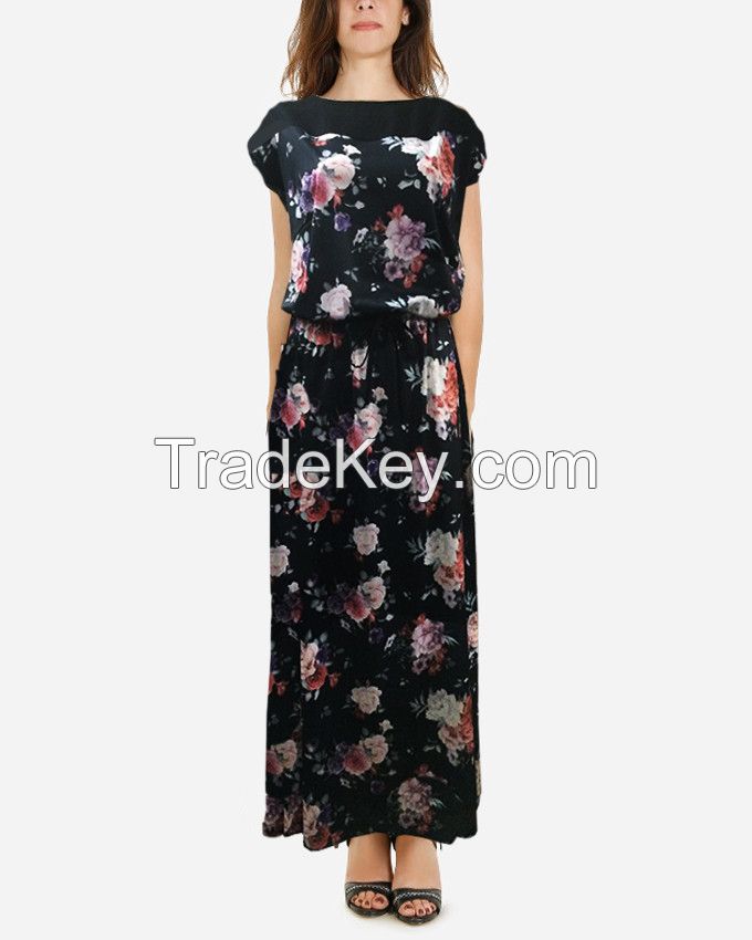 Black Floral Pattern Half Sleeve Maxi Dress