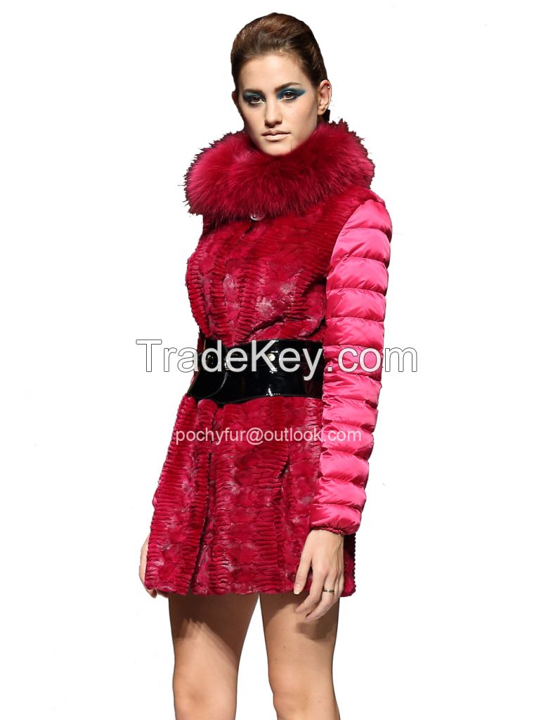 mink long coat with down feather sleeves fox collar