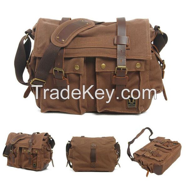 stock fashion canvas and genuine leather messenger bag for men 