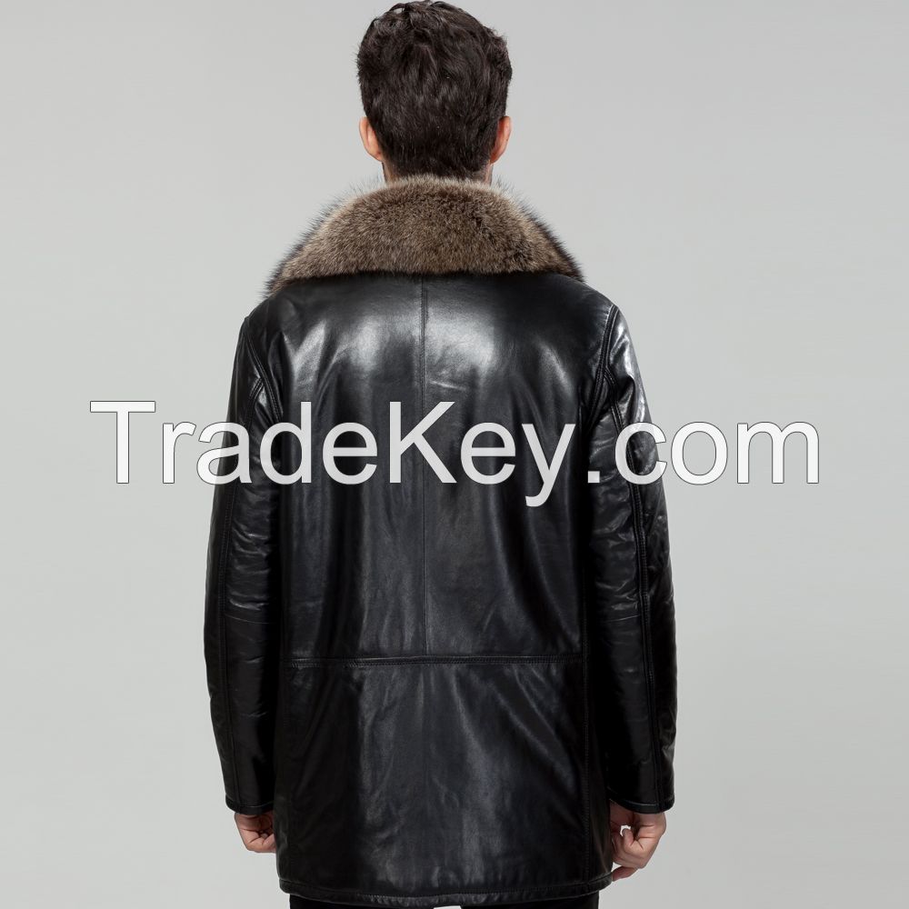 2015 Luxurious American Racoon Dog Hair Collar Sheepskin Fur Genuined Leather High Quality Male Outerwear Coat Clothing Jacket