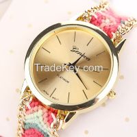 2016 Popular Women Bracelet Vintage Weave Wrap Quartz Leather Wrist Watch Quartz Wrist Watch