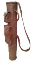 VINTAGE RETRO TAN LEATHER TUBE GOLF CLUB CARRYING BAG WITH TWO POCKETS