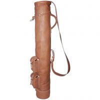 VINTAGE TAN LEATHER TUBE GOLF CLUB CARRYING BAG + 2 POCKETS RETRO STYLE