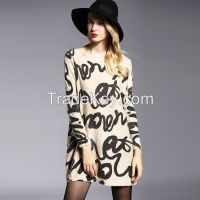 2016 hot sale spring autumn roll neck cute cartoon animal print long sleeve cashmere women sweater 