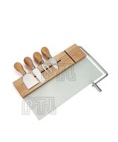 Magnetic glass-and-wood wire chopping board with S/S cheese knife/fork/spatula 