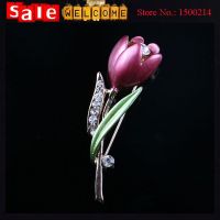 Enamel Rose Flower Crystal Rhinestone Pink Flower Bud with Green Leaf