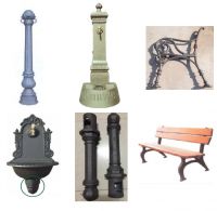 Cast iron bollard; bench ; fountain