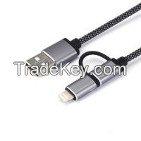 Metal Case 2 in 1 USB to Micro+Lightning Cable with Fabric Braided