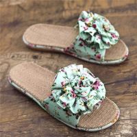 linen summer flower flat women slippers