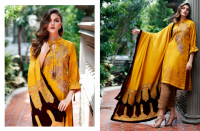 Charizma Embroidered Leather peach suits with Velvet Pluchi Shawl