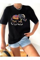 Women's T-Shirt Elephant Patterned Embroidered Beaded T-Shirt Ideal for 2022 Summer Season Stylish Design