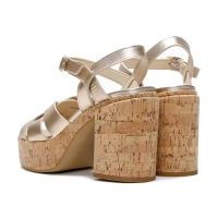 Golden Open Toe Cork Block Heel Buckle Ankle Strap Ladies Platform Sandals