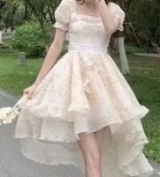 Princess dovetail dress pure gentle wind floral solid color square collar irregular fairy dress