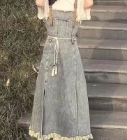 Denim suspenders skirt women's new raw edge retro high waist slimming halter mid-length dress set