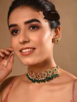 Berautiful Gold Plated Emerald Green Beads Kundan Choker Necklace