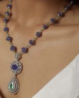 Designer Single Line Sapphire Stone And Beads Silver CZ Necklace 