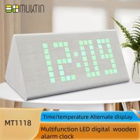 Creative Digital Display Temperature and Humidity Indoor Electronic Wood Clock Digital Alarm Clock DOT Matrix Large Screen Wood Clock White Color